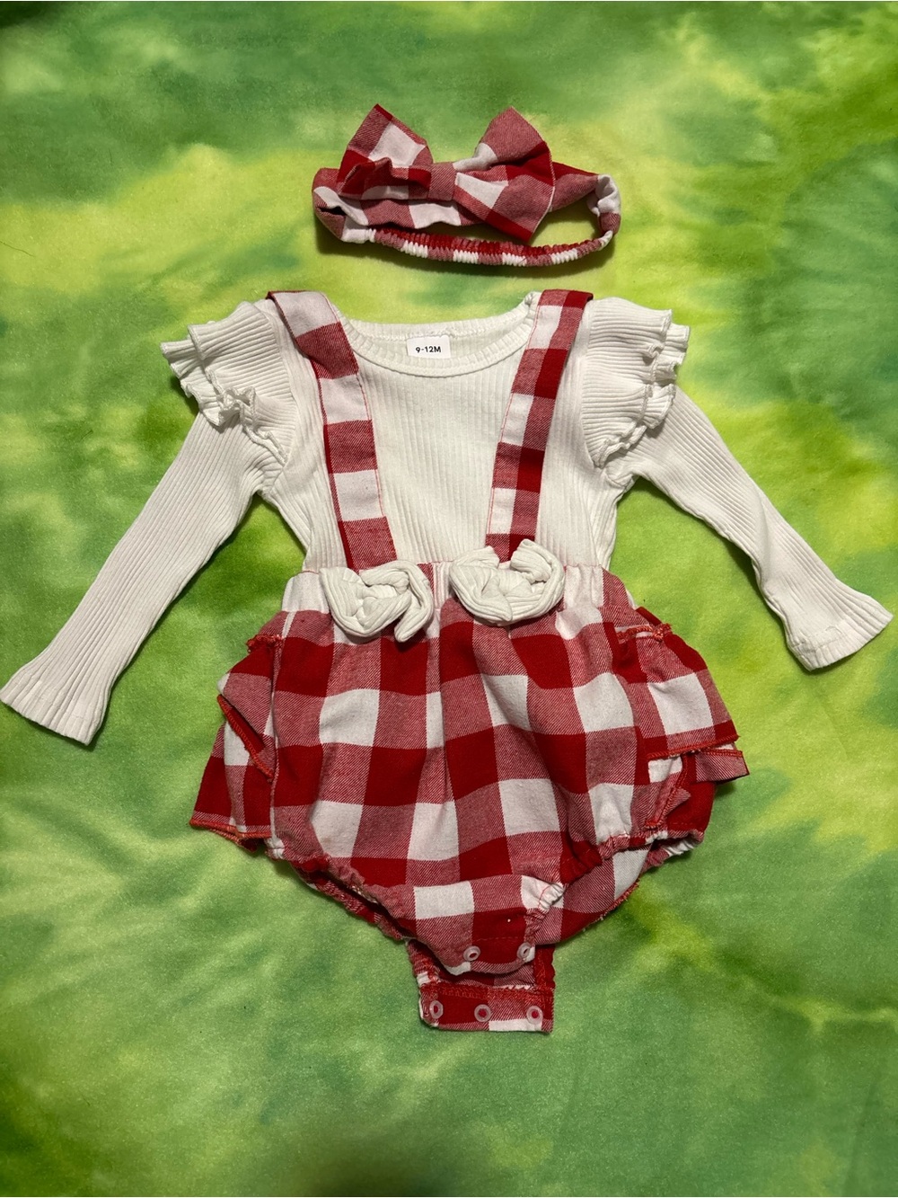 Baby Girl Red Gingham Suspender Bubble Romper with Headband